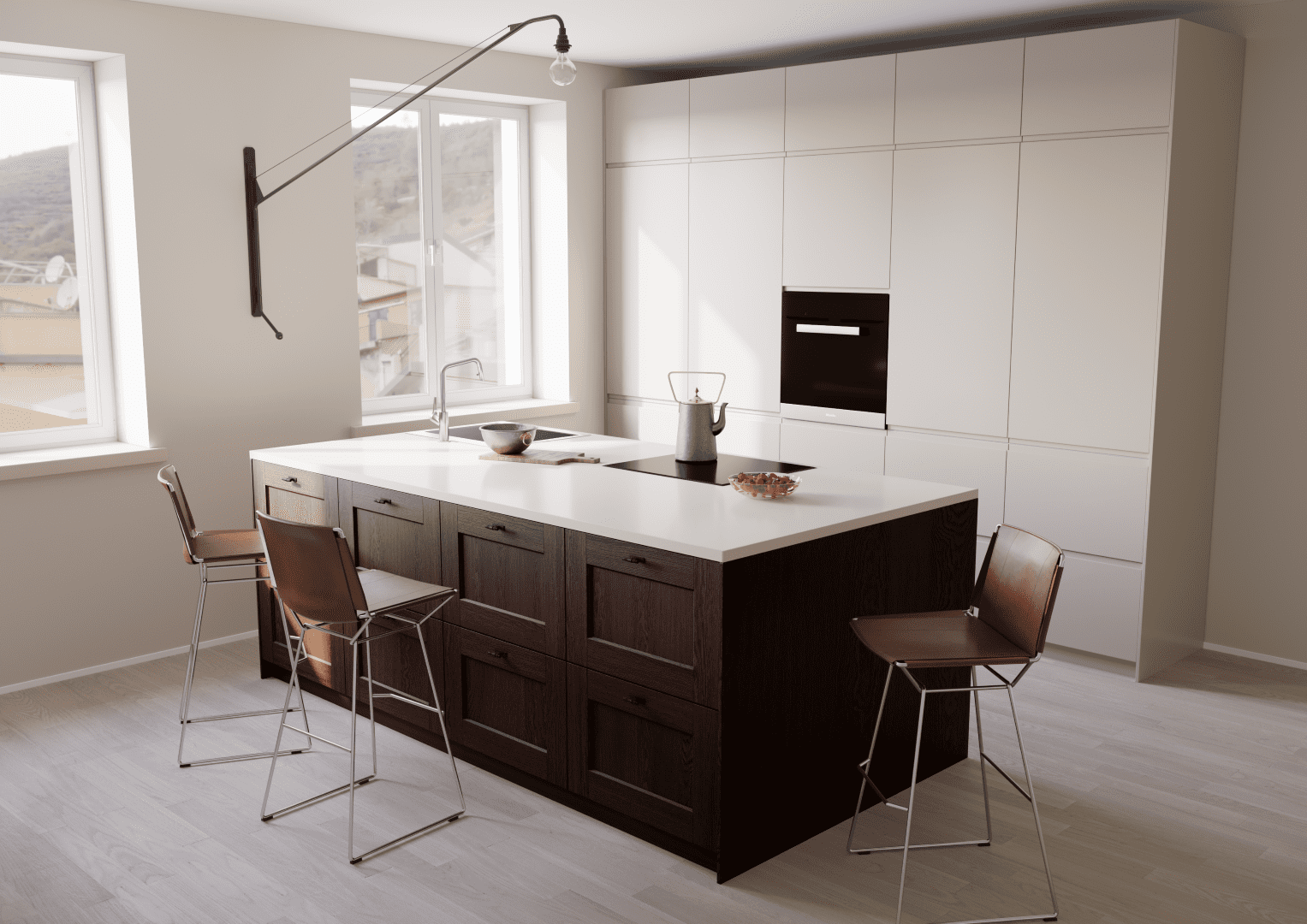 Kitchen-fronts-in-Classic-Max-and-Instyle-design.-Stain-B-1096-Dark-oak-Instyle-color-Jotun-10341-Kalk