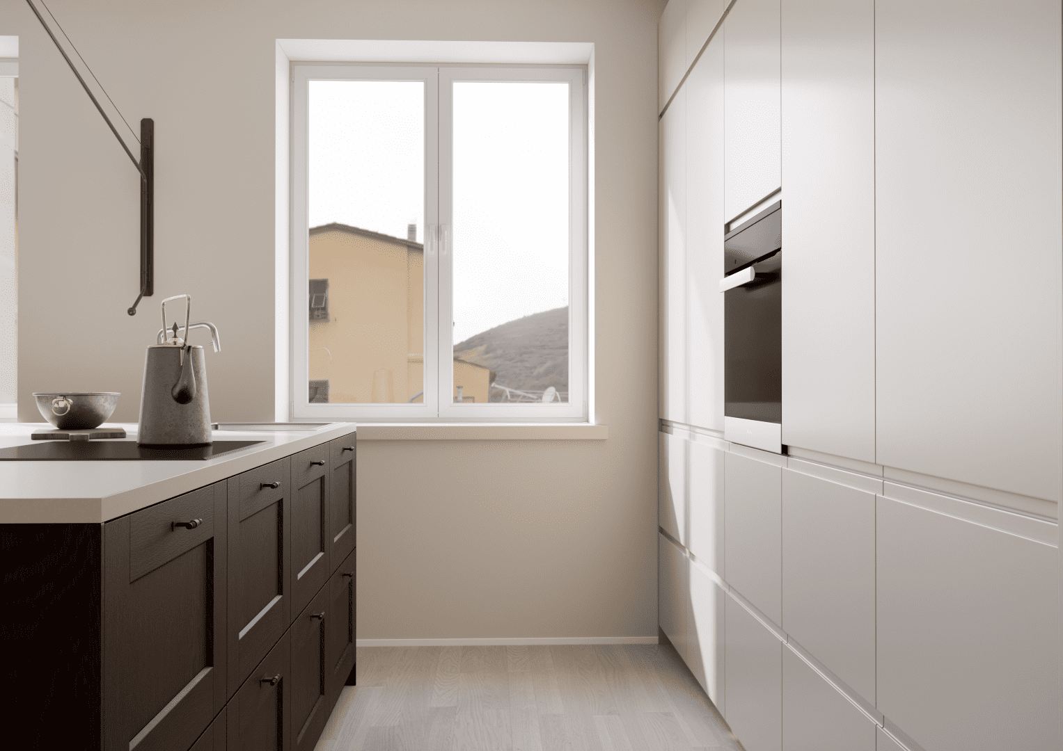 Kitchen-fronts-in-Classic-Max-and-Instyle-design.-Stain-B-1096-Dark-oak-Instyle-in-color-Jotun-10341-Kalk
