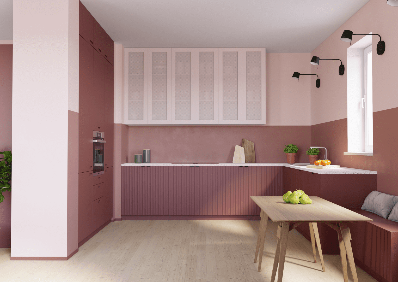 Kitchen-fronts-in-designs-Skyline-and-Exit-in-NCS-S5040-Y90R.-Mesh-Classic-Style-fronts-in-NCS-S1515-Y90R.-Handles-for-Skyline-in-Prince-black-matte