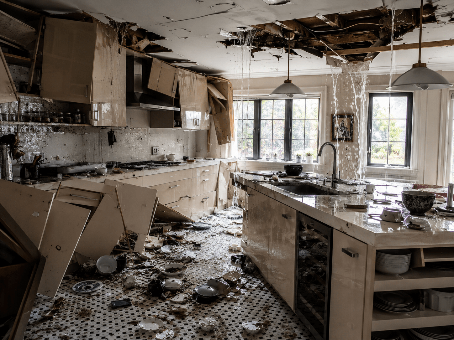 Stark beschädigte Küche mit offener Decke, beschädigten Einbauten und Schutt.
