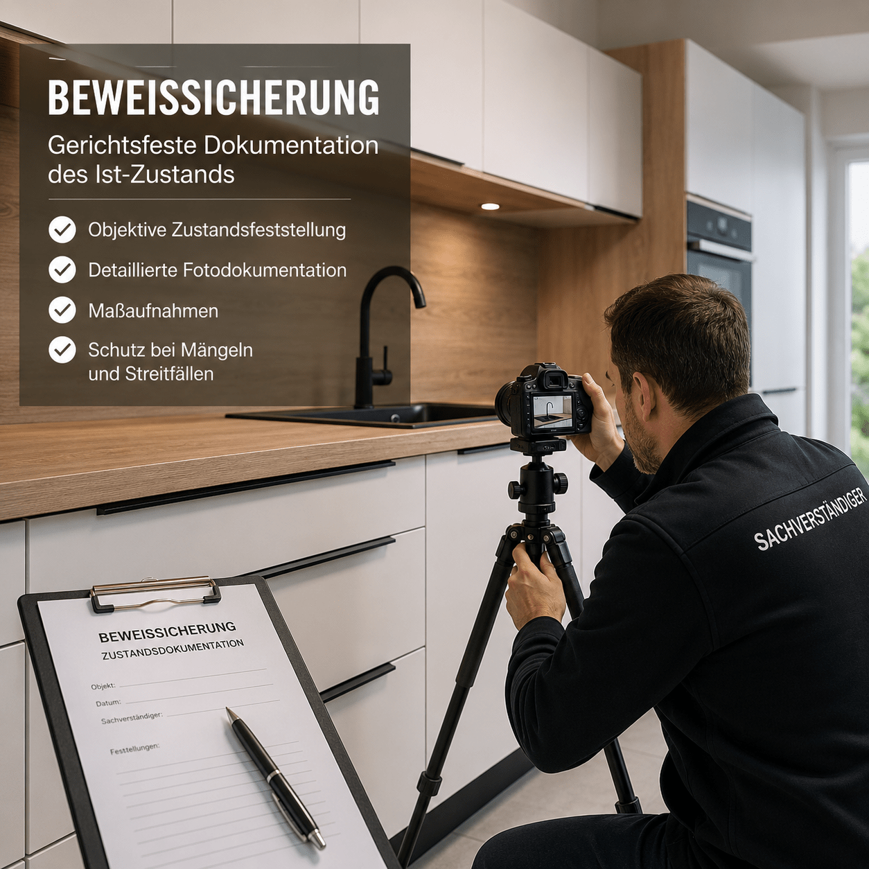 Sachverständiger fotografiert eine Küche mit einer Kamera auf einem Stativ; links stehen Hinweise zur Beweissicherung.