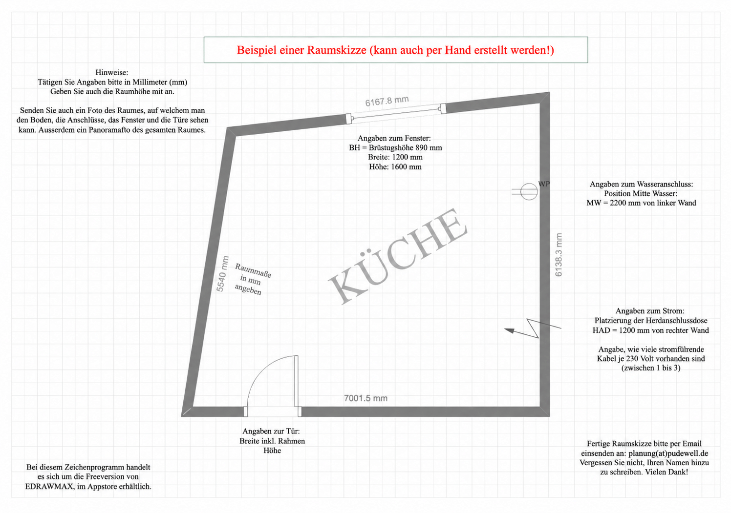 Raumskizze für das Küchenaufmaß | POS Beispiel für die Dokumentation von Raummaßen und Anschlüssen zur Küchenplanung