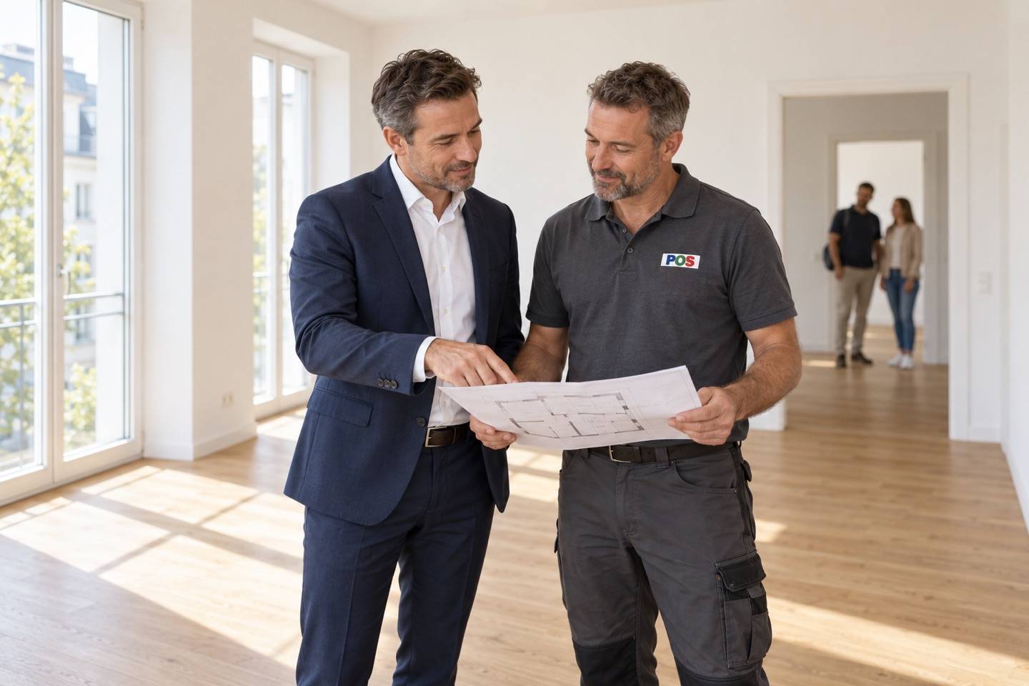 Zusammenarbeit von Immobilienmaklern und Handwerk Immobilienmakler und Handwerker mit POS-Logo besprechen einen Grundriss in einer leeren Wohnung; neue Mieter stehen unscharf im Hintergrund