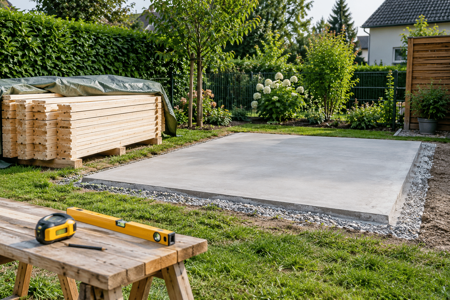 Vorbereitete Betonbodenplatte im Garten mit gestapelten Holzbauteilen und Werkzeug daneben