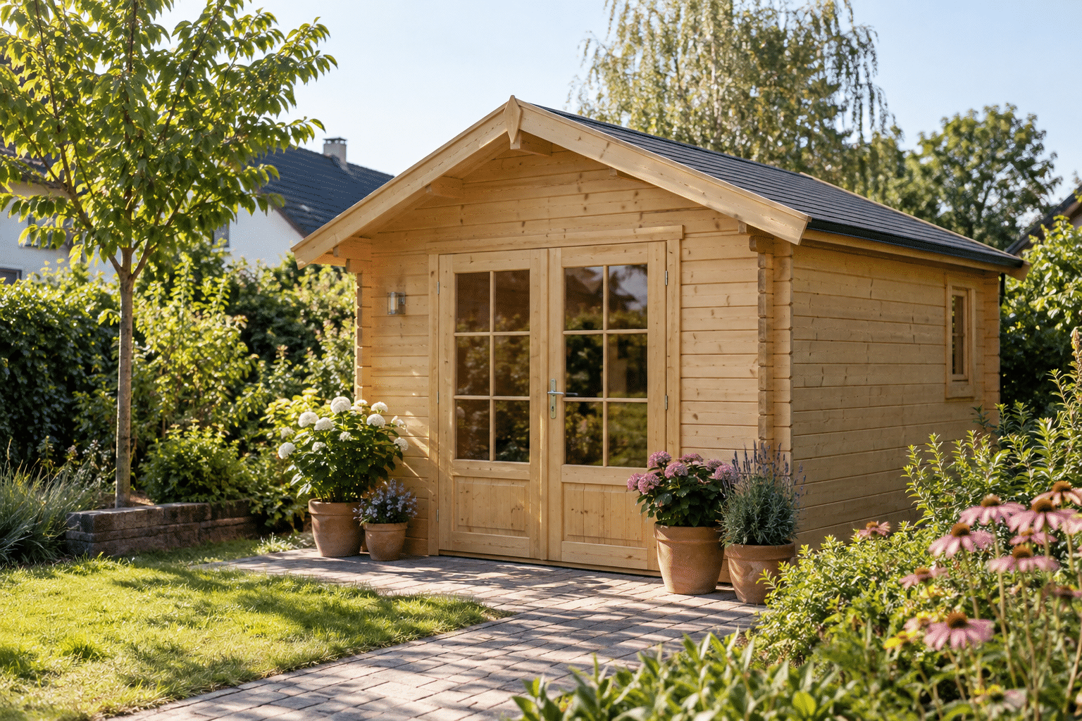 Naturfarbenes Holz-Gartenhaus mit Satteldach und Glastüren in einem bepflanzten Garten
