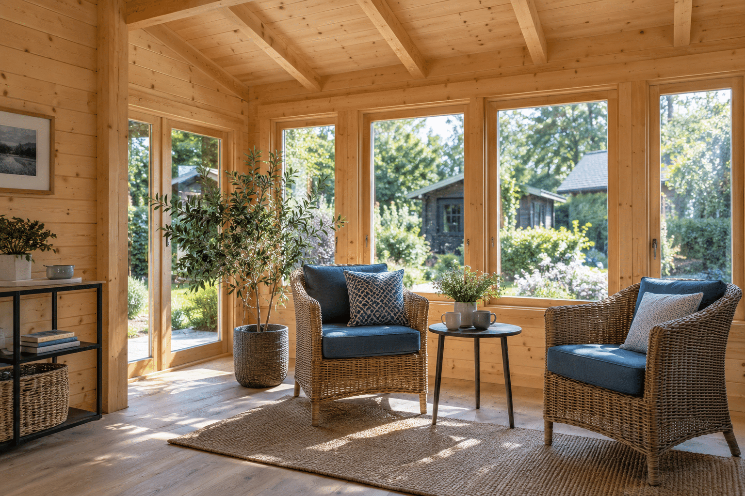 Heller Innenraum eines Holz-Gartenhauses mit zwei Korbsesseln, blauen Kissen und großen Fenstern