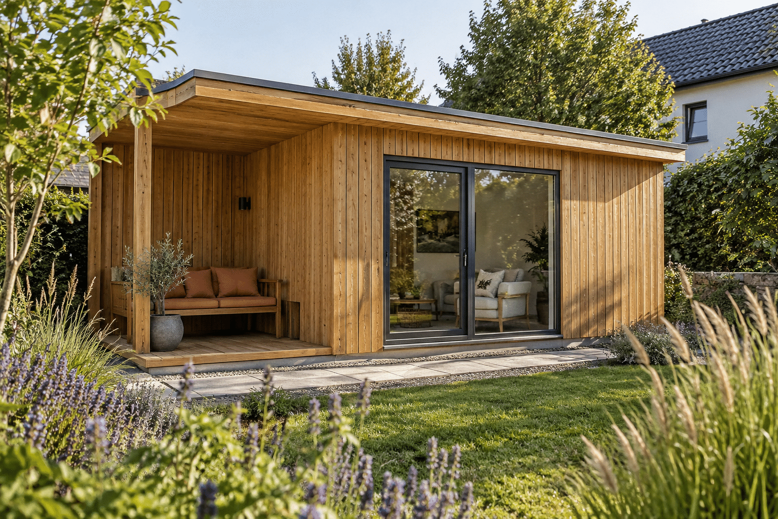 Modernes Holz-Gartenhaus mit großen Glastüren und seitlich überdachter Terrasse mit Sitzbank