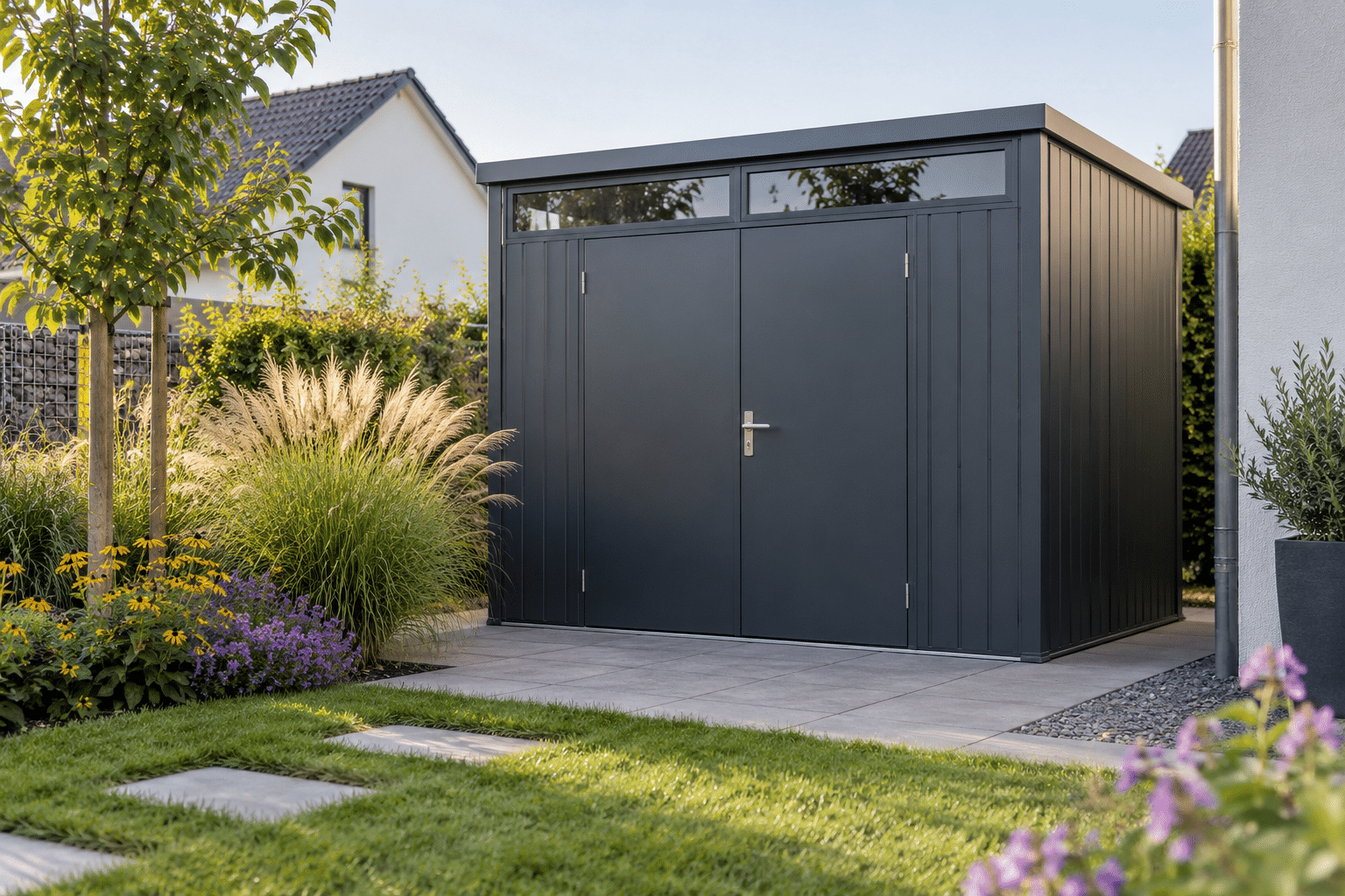 Anthrazitfarbenes Gerätehaus aus Metall mit Doppeltür und flachem Dach im Garten