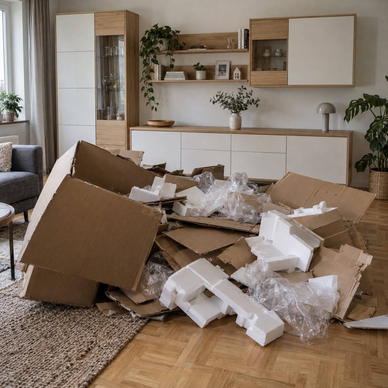 Pappe und Styropor vor fertig montierten Möbeln – Verpackungsentsorgung nach der Montage